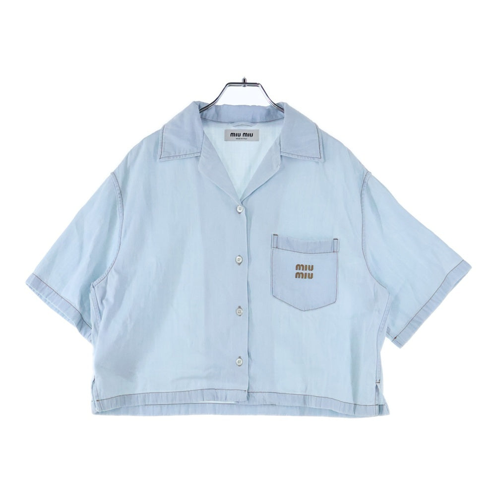 miumiu(ミュウミュウ) 1ポケット ロゴエンブロイダリー 半袖シャンブレーデニムシャツ レディース インディゴ GWC107