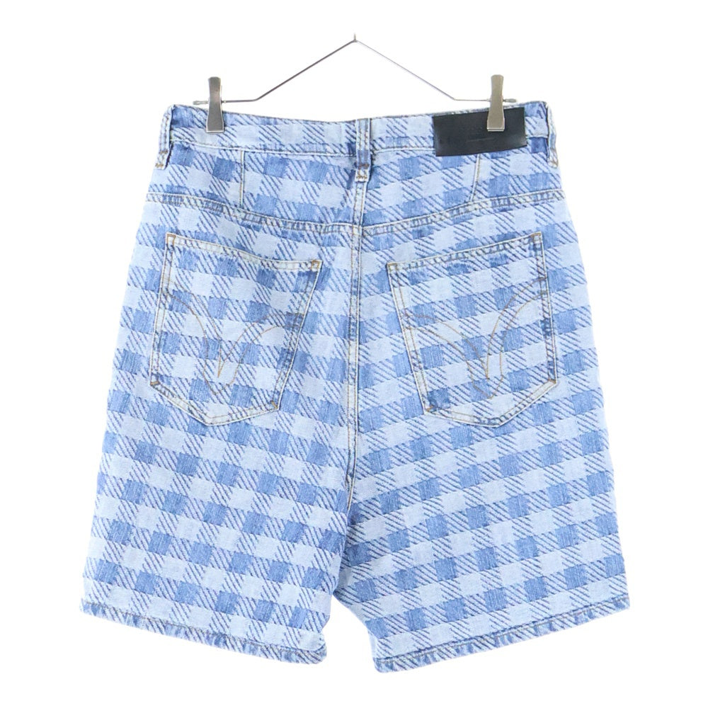 AMI Alexandre Mattiussi(アミアレクサンドルマテュッシ) カウレザーパッチ チェック柄 ボタンフライデニムショーツ ハーフパンツ インディゴ HS0600.DE0010