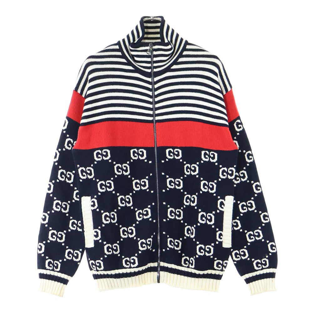 GUCCI(グッチ) GG HIGHNECK KNIT ZIP CARDIGAN GG柄 ボーダー切替 ハイネックジップアップニットカーディガン ブラック/ホワイト/レッド 545701 XKABP