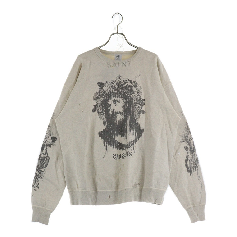 SAINT MICHAEL(セントマイケル) 22SS ×KAWAMURA KOUSUKE カワムラコウスケ グラフィックプリント ダメージ加工 クルーネック スウェット トレーナー アイボリー SM-S22-0000-078