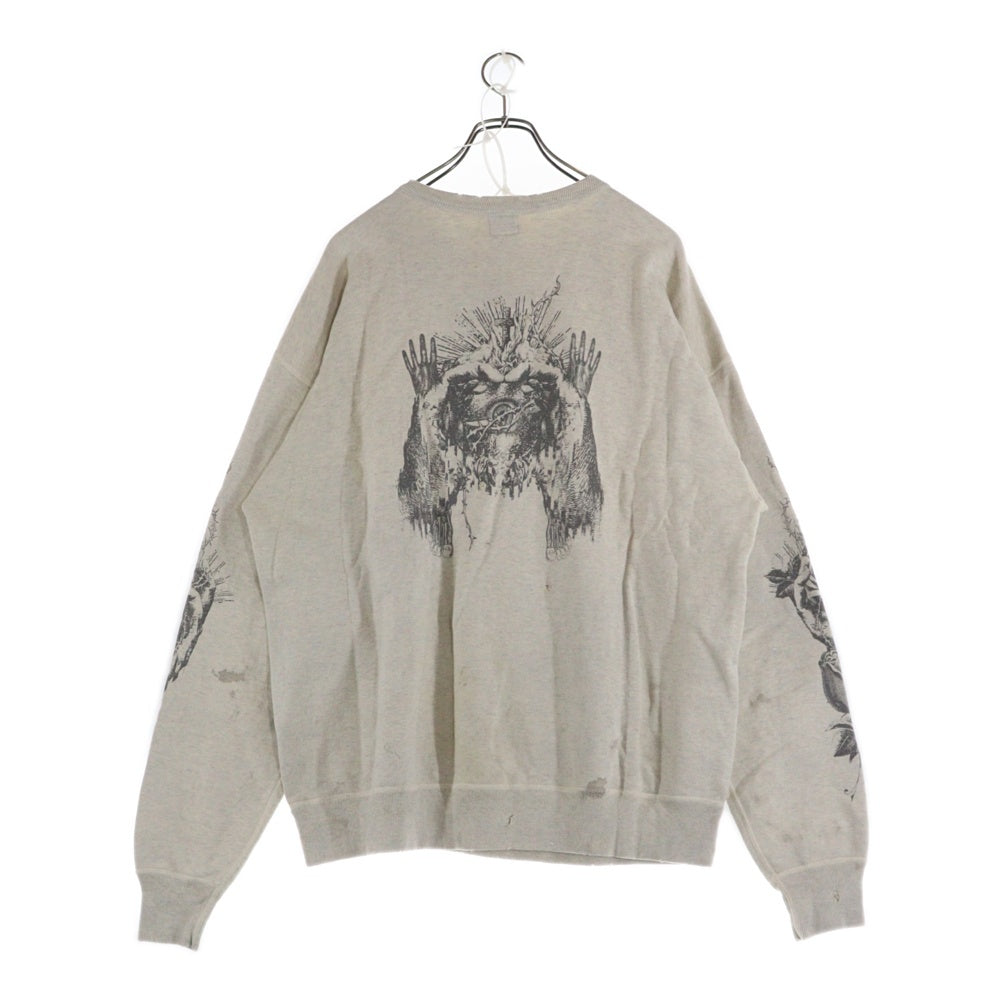 SAINT MICHAEL(セントマイケル) 22SS ×KAWAMURA KOUSUKE カワムラコウスケ グラフィックプリント ダメージ加工 クルーネック スウェット トレーナー アイボリー SM-S22-0000-078