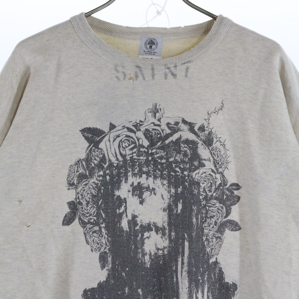 SAINT MICHAEL(セントマイケル) 22SS ×KAWAMURA KOUSUKE カワムラコウスケ グラフィックプリント ダメージ加工 クルーネック スウェット トレーナー アイボリー SM-S22-0000-078
