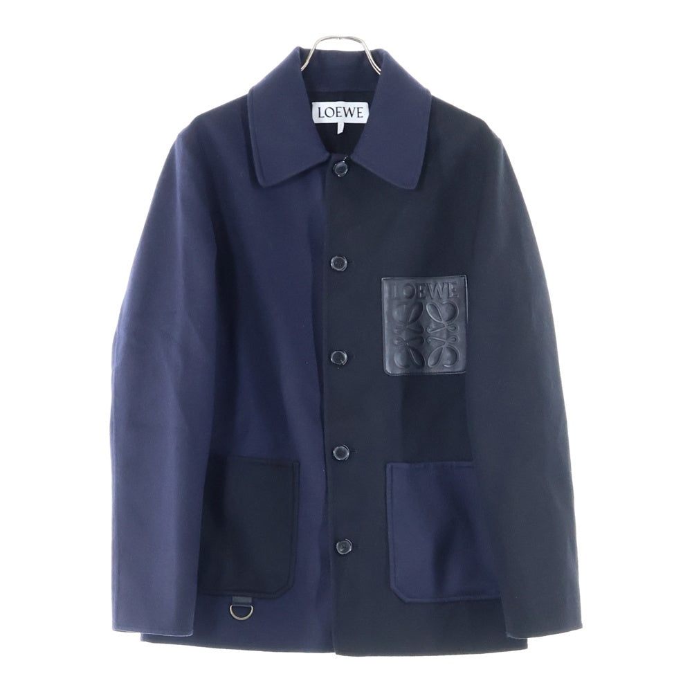 LOEWE(ロエベ) バイカラー レザーロゴパッチ カシミヤ混 コート ネイビー/ブラック H526Y02W11