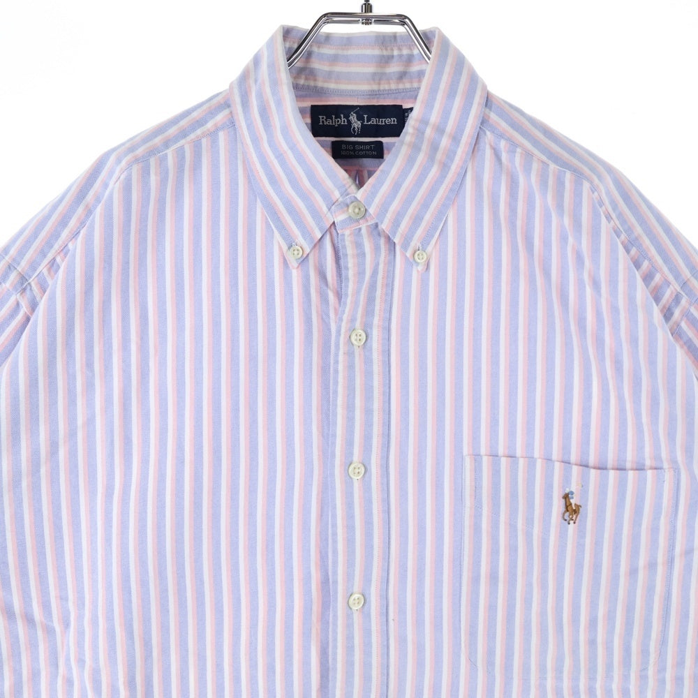 RALPH LAUREN(ラルフローレン) ロゴエンブロイダリー ストライプ レギュラーカラー 半袖シャツ ライトブルー/ピンク