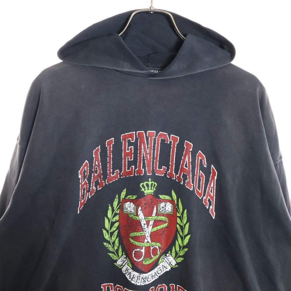 BALENCIAGA(バレンシアガ) 21AW ユーズド加工 カレッジロゴプリント プルオーバーパーカー フーディー グレー 674685 TLV89