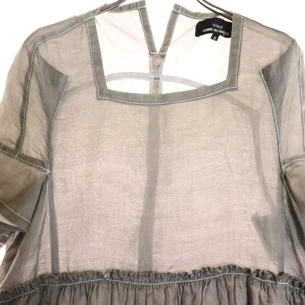 tricot COMME des GARCONS(トリコ コム デ ギャルソン) 15SS AD2014 リネン ギャザーデザイン スクエアネック 半袖ワンピース グレー レディース TO-O005