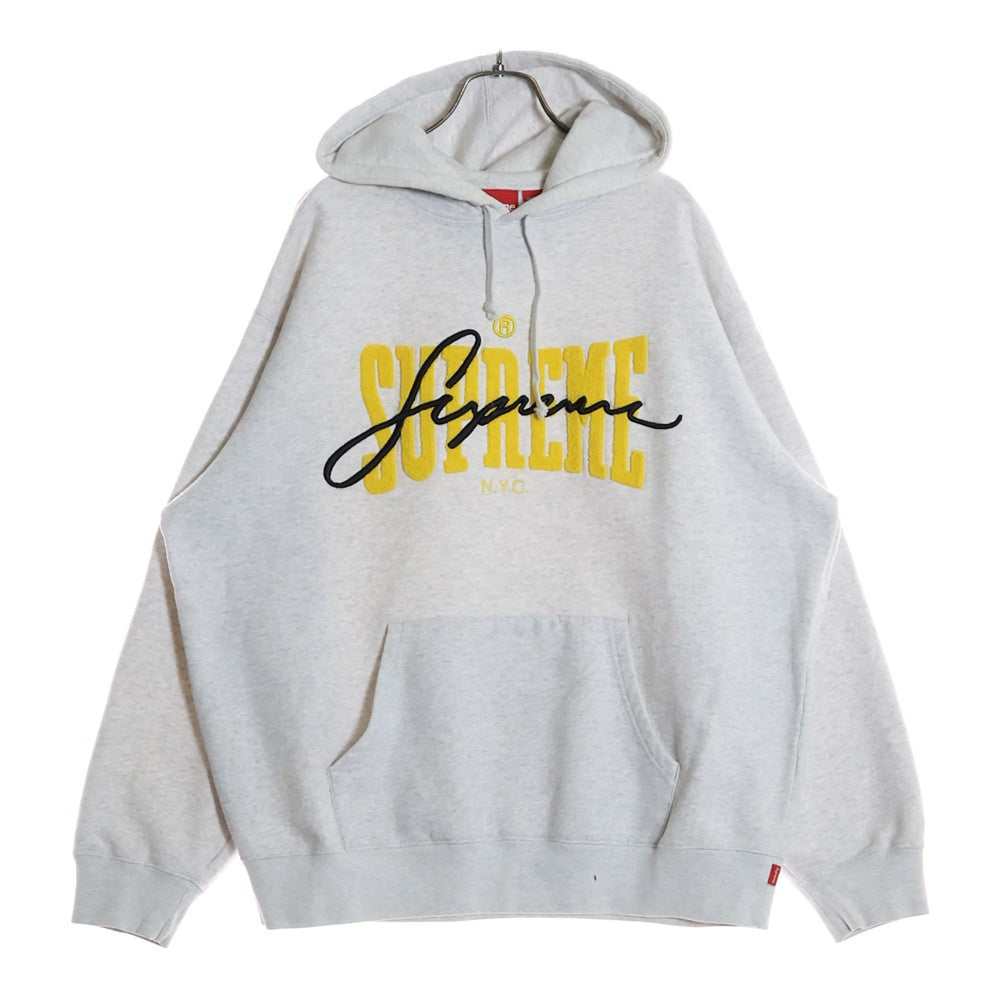 SUPREME(シュプリーム) 22SS Embroidered Chenille Hooded Sweatshirt フロントパイルロゴ シェニール スウェット プルオーバーパーカー グレー