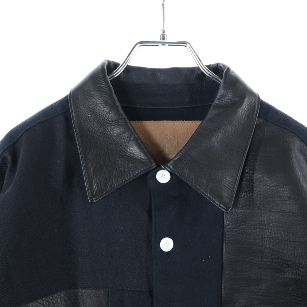 AVALONE(アヴァロン) 21SS レザーパッチワーク コットン長袖シャツ ブラック A-21SS-3FSP