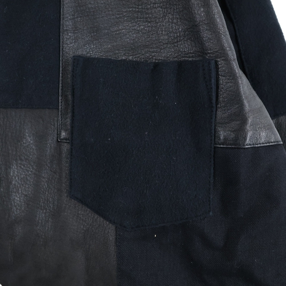 AVALONE(アヴァロン) 21SS レザーパッチワーク コットン長袖シャツ ブラック A-21SS-3FSP