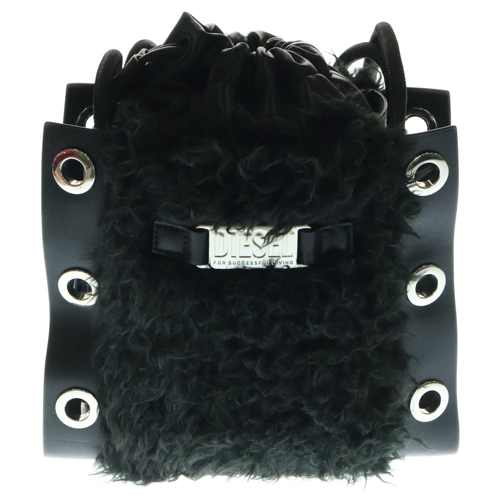 DIESEL(ディーゼル) マーミィ ファー付き レザーショルダーバッグ 巾着 ブラック レディース X08229