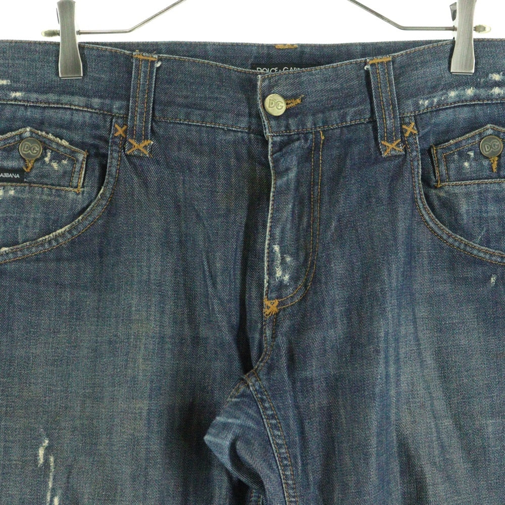 DOLCE & GABBANA(ドルチェアンドガッバーナ) ダメージ加工 逆さフラップ マルチポケット ジップフライ ストレートデニムパンツ インディゴ G3HGTD