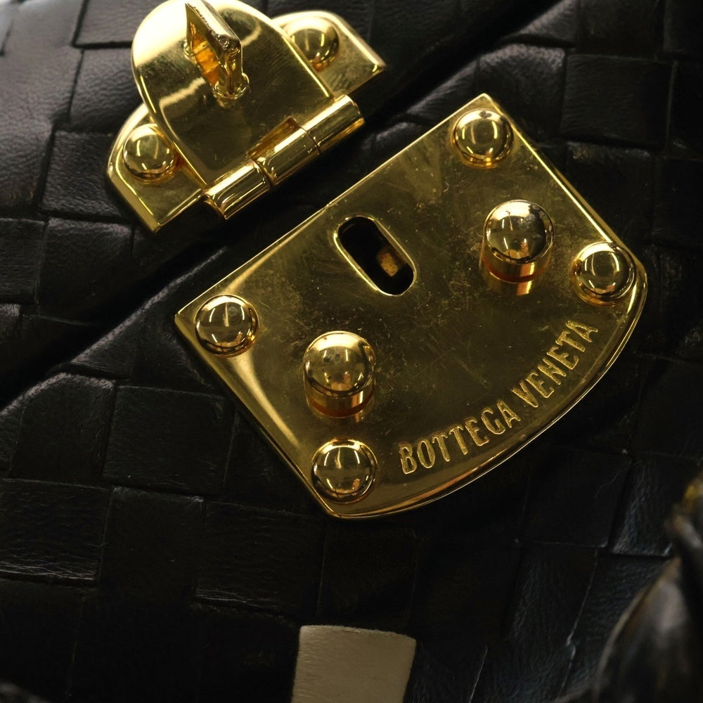 BOTTEGA VENETA(ボッテガヴェネタ) 編み込み 2WAY レザー ハンドバッグ ゴールドバッグ ショルダーバッグ ブラック/ホワイト