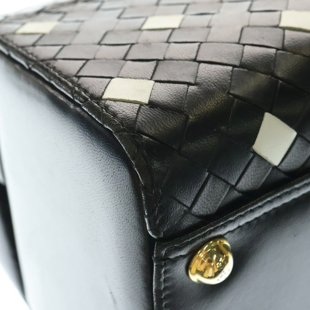 BOTTEGA VENETA(ボッテガヴェネタ) 編み込み 2WAY レザー ハンドバッグ ゴールドバッグ ショルダーバッグ ブラック/ホワイト