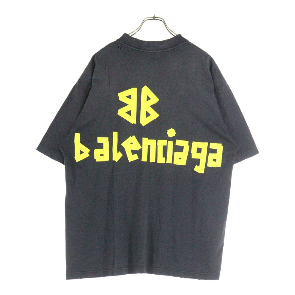 BALENCIAGA(バレンシアガ) 23SS TAPE TYPE MEDIUM FIT TEE デストロイ加工 テープロゴ ミディアムフィットTシャツ 半袖クルーネックカットソー ブラック 739784 TOVA9