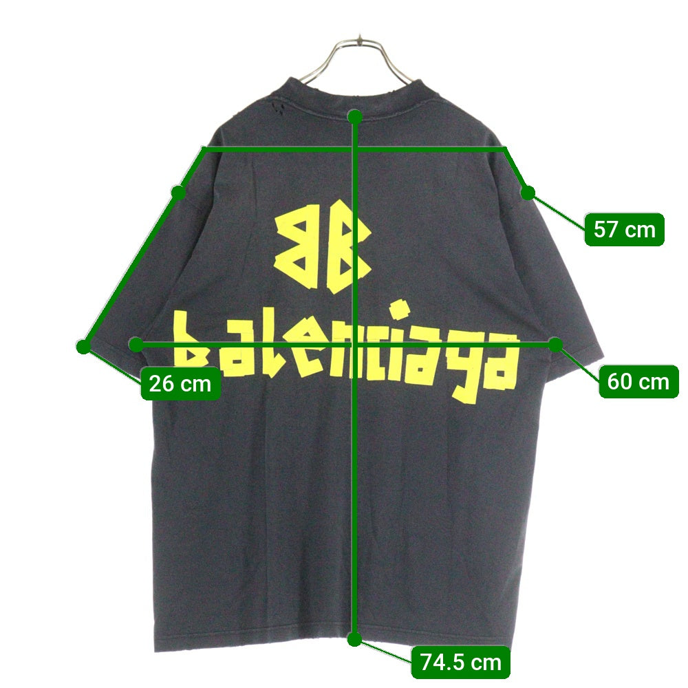 BALENCIAGA(バレンシアガ) 23SS TAPE TYPE MEDIUM FIT TEE デストロイ加工 テープロゴ ミディアムフィットTシャツ 半袖クルーネックカットソー ブラック 739784 TOVA9