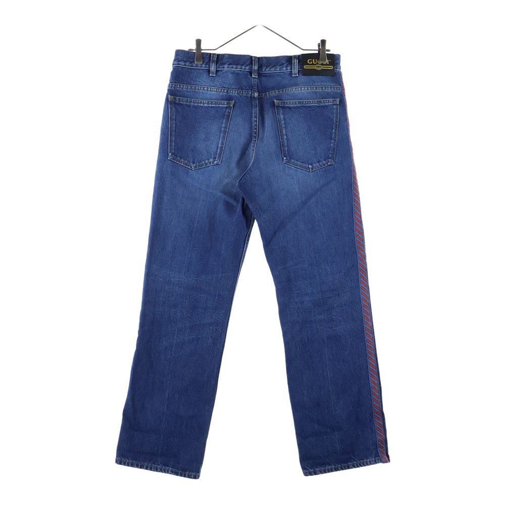 GUCCI(グッチ) ヴィンテージ加工 革パッチ サイドライン ジップアップ ストレートデニムパンツ インディゴ 561057
