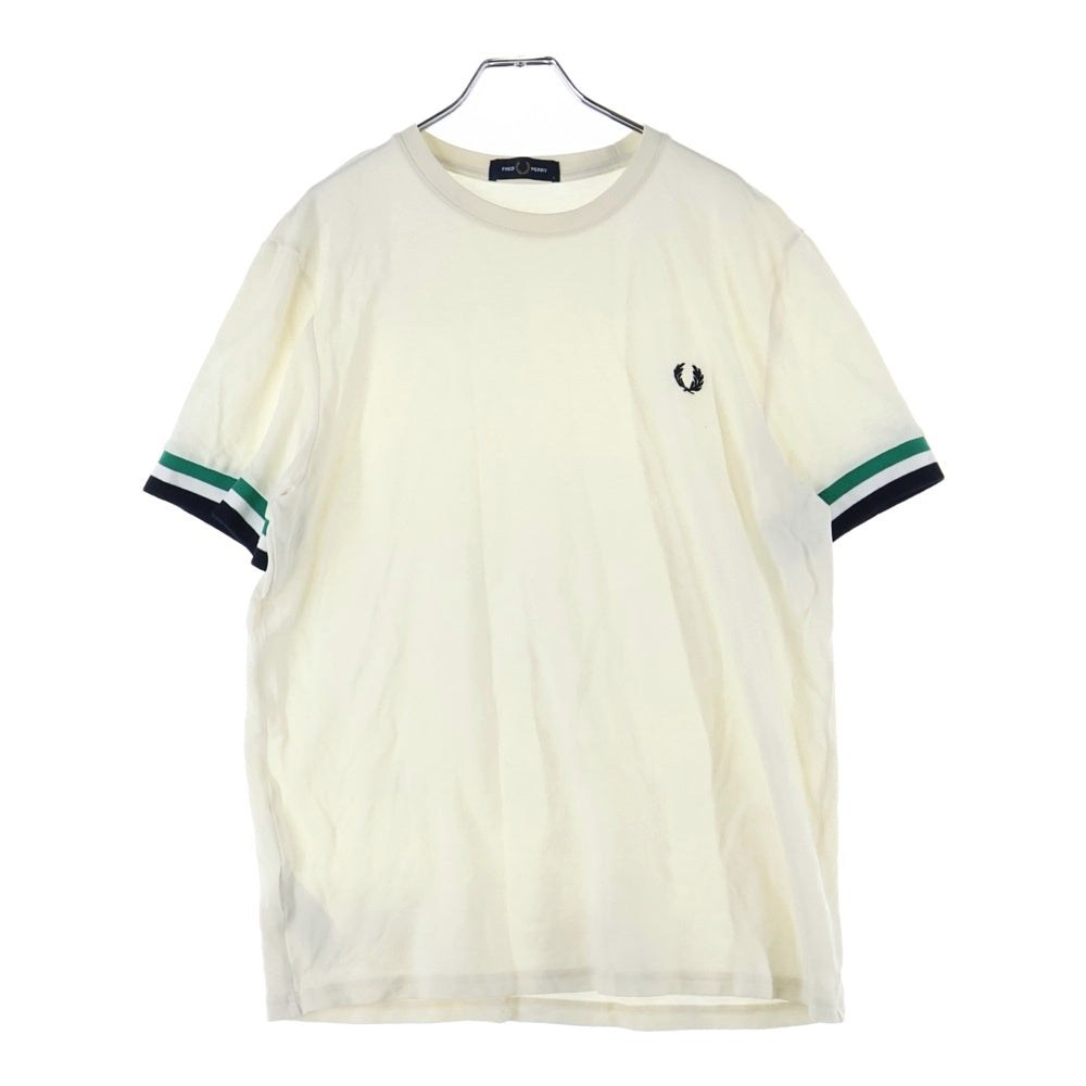 FRED PERRY(フレッドペリー) 中国製 袖裾ボーダー コットン クルーネック 半袖Tシャツ カットソー アイボリー