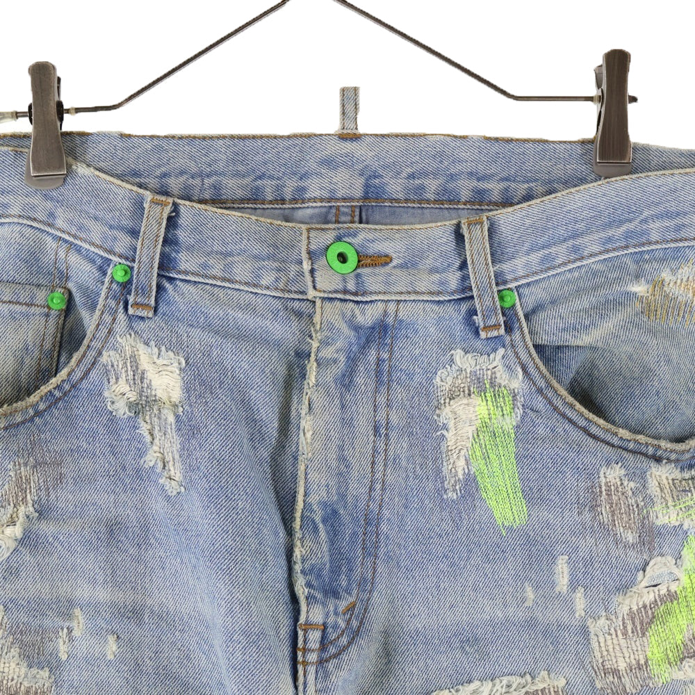 Endless Denim(エンドレス デニム) EMBROIDERIED AND DISTERESSED DENIM JEANS 刺繍 リペア加工 エンブロイダリーアンドディストレスドデニムジーンズ インディゴ/グリーン