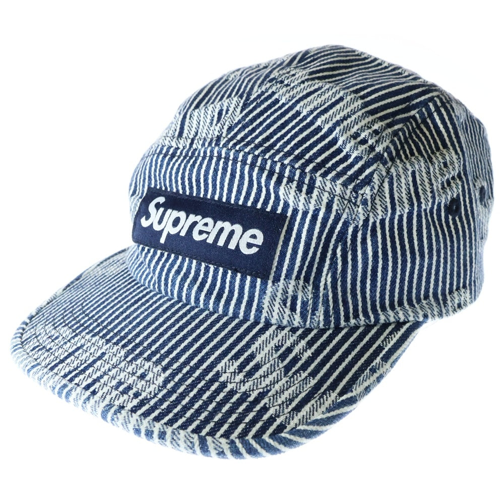 SUPREME(シュプリーム) 24SS Denim Camp Cap 総柄 ストライプ デニム ボックスロゴ キャンプキャップ インディゴ