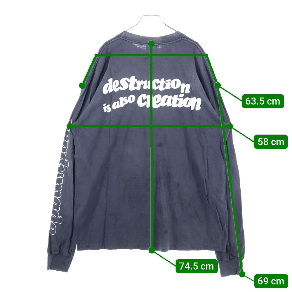 READY MADE(レディメイド) 24AW LS T DESTRUCTION VINTAGE加工 ディストラクション 両面プリント クルーネック 長袖Tシャツ カットソー チャコール RE-CO-BK-00-00-283