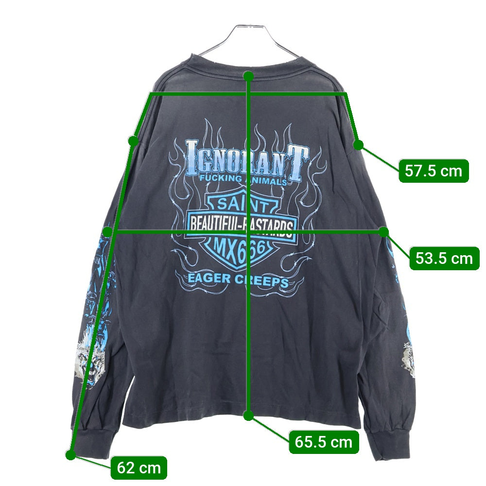 SAINT MICHAEL(セントマイケル) 24AW BTFL BASTARS LS TEE VINTAGE加工 両面アームプリント クルーネック 長袖Tシャツ カットソー チャコール SM-YS1-0000-013