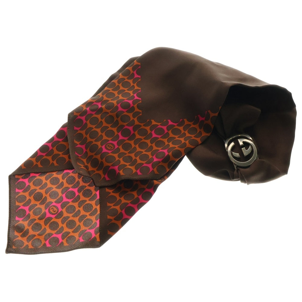 GUCCI(グッチ) インターロッキングGG 変形ドット柄 シルク ツイリー スカーフ ブラウン シルバー金具 レディース 183008 3G001