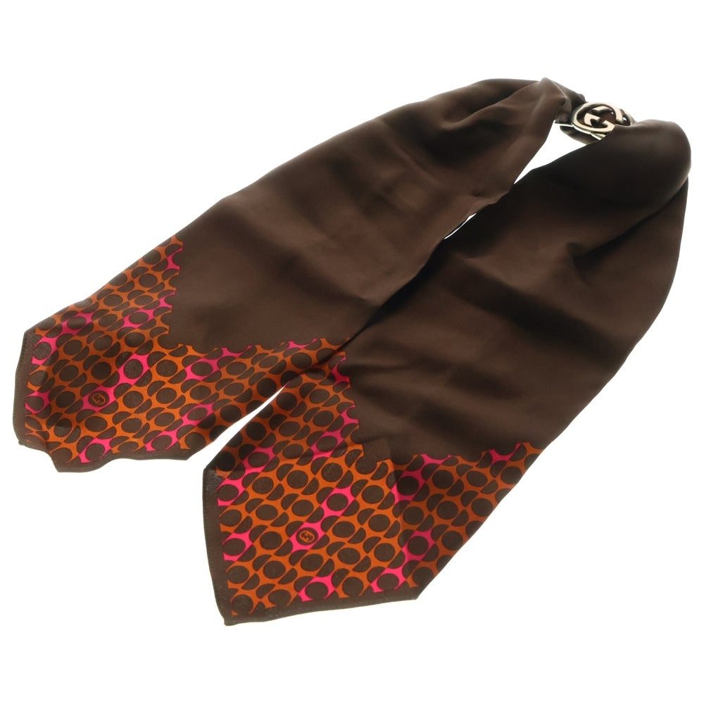 GUCCI(グッチ) インターロッキングGG 変形ドット柄 シルク ツイリー スカーフ ブラウン シルバー金具 レディース 183008 3G001