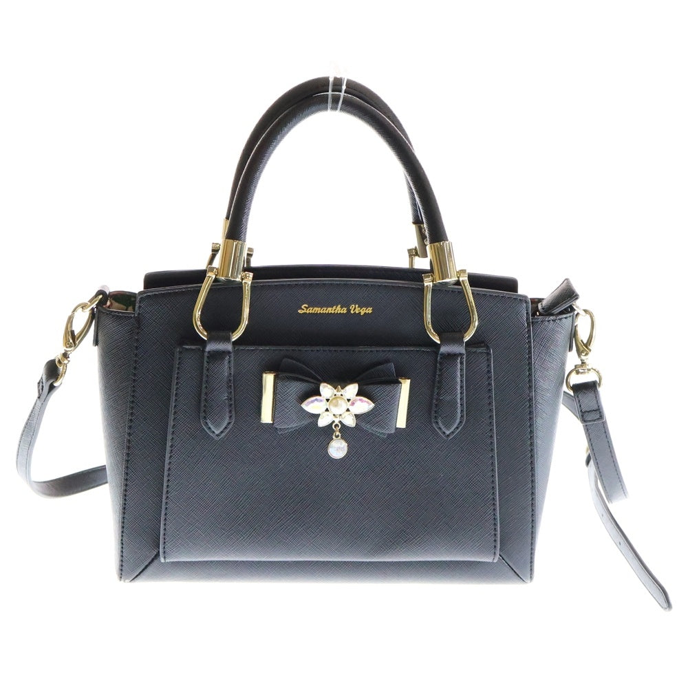 Samantha Vega(サマンサベガ) ストーンチャーム付き ロゴデザイン レザー インナーポーチ付き 2WAY ハンドバッグ ショルダー ブラック