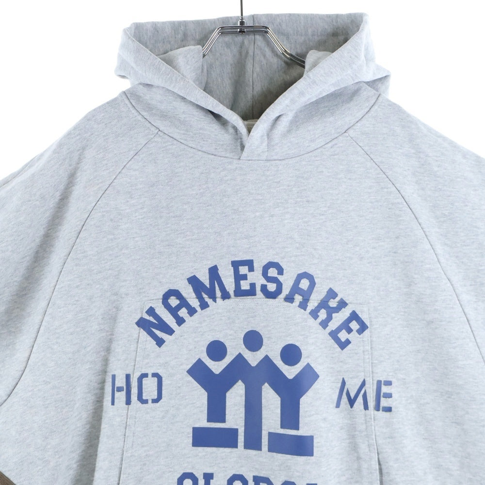NAMESAKE(ナメサケ) 23AW IVY SLEEVELESS HOODIE フロントプリント スウェットニット切替デザイン スリーブレスプルオーバーパーカー フーディー グレー/ベージュ