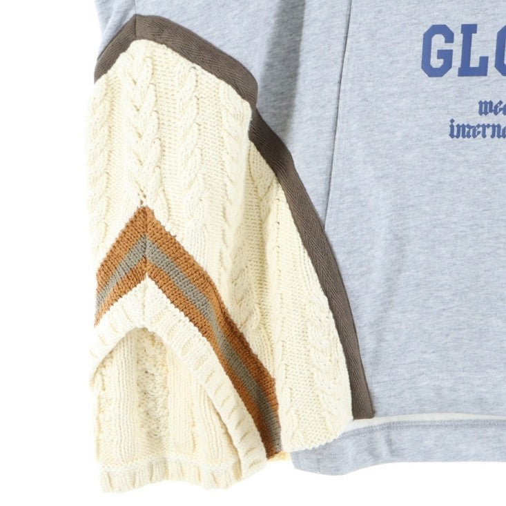 NAMESAKE(ナメサケ) 23AW IVY SLEEVELESS HOODIE フロントプリント スウェットニット切替デザイン スリーブレスプルオーバーパーカー フーディー グレー/ベージュ