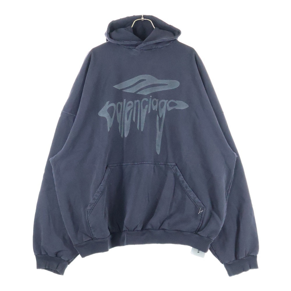 BALENCIAGA(バレンシアガ) 25SS ダメージ加工 ロゴプリント スウェットプルオーバーパーカー フーディー ブラック 803265 TRVS9