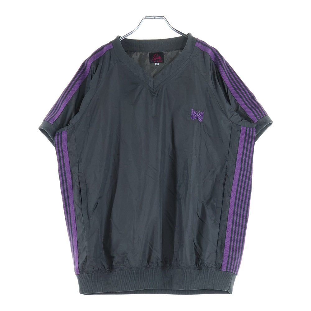 Needles(ニードルス) 23SS ×BEAMS BOY ビームスボーイ ナイロン Vネック半袖Tシャツ カットソー ブラック/パープル MR473