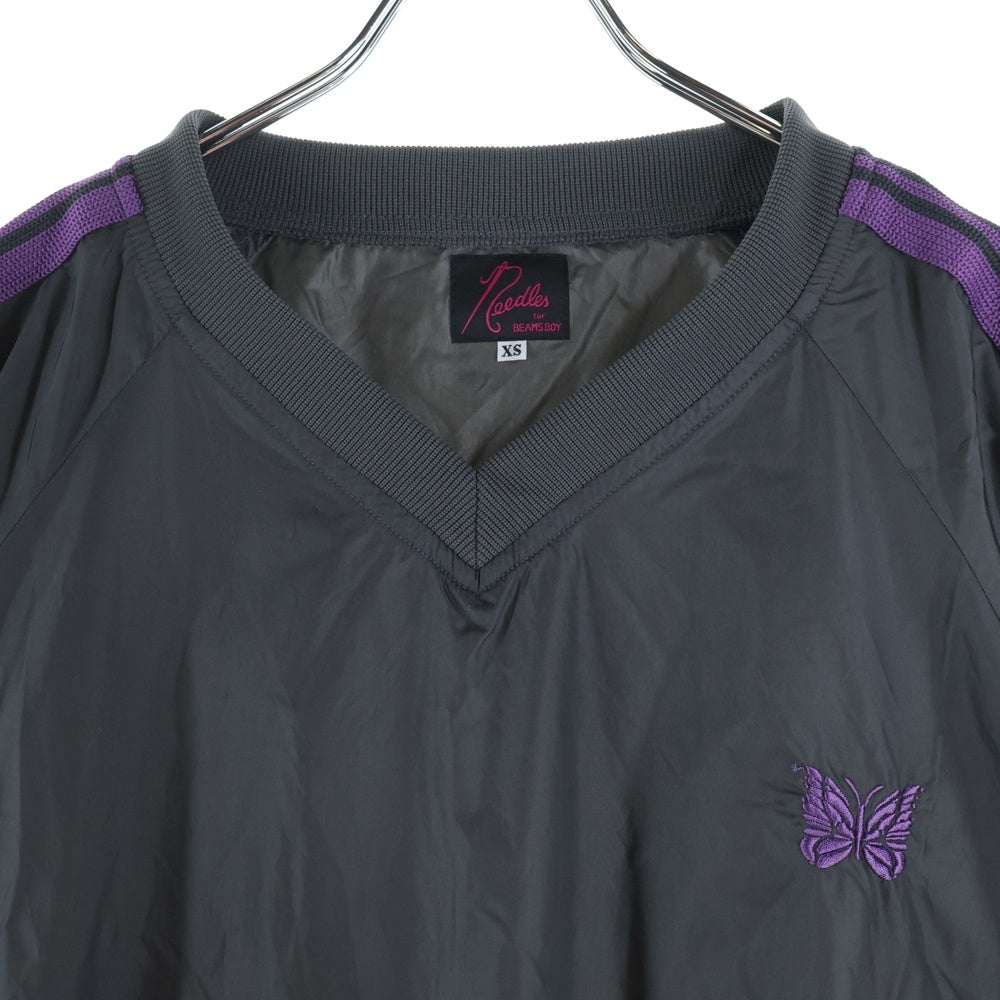 Needles(ニードルス) 23SS ×BEAMS BOY ビームスボーイ ナイロン Vネック半袖Tシャツ カットソー ブラック/パープル MR473