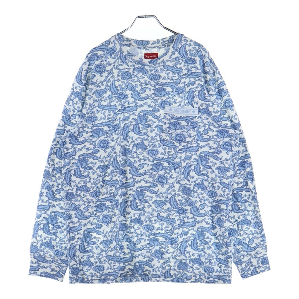 SUPREME(シュプリーム) 19SS Damask L/S Top ダマスク総柄 ポケットTシャツ 長袖クルーネックカットソー ブルー/ホワイト