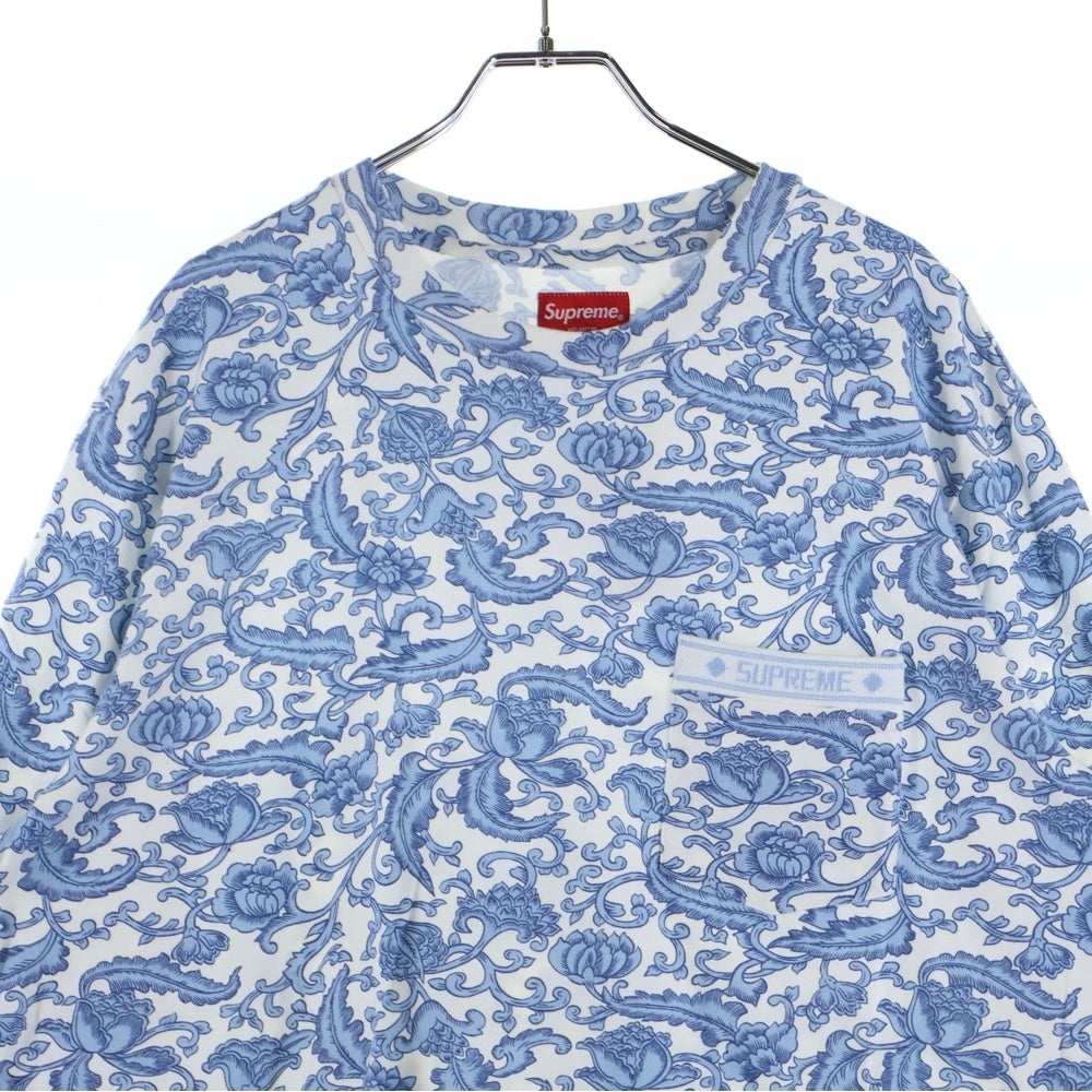 SUPREME(シュプリーム) 19SS Damask L/S Top ダマスク総柄 ポケットTシャツ 長袖クルーネックカットソー ブルー/ホワイト