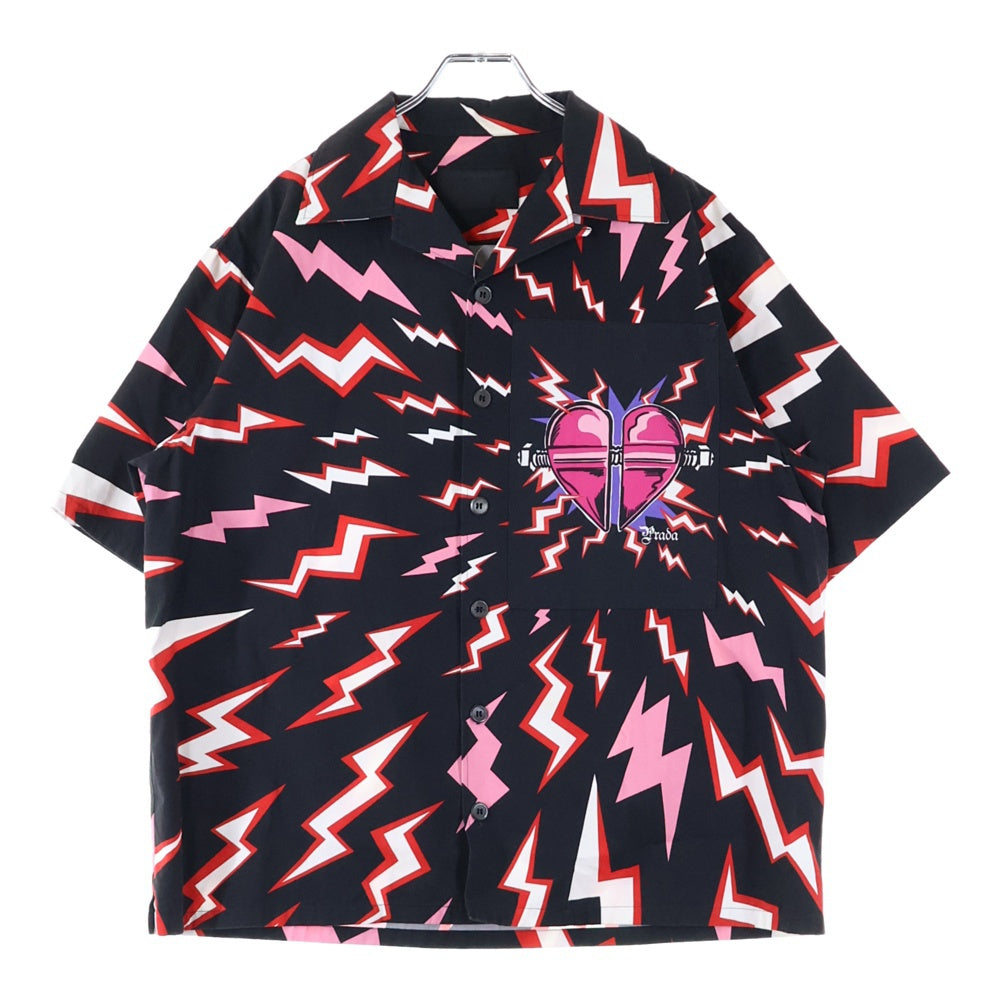 PRADA(プラダ) 19AW BLACK AND RED THUNDER PRINT SHIRT サンダーパターン ボタンダウン レギュラーカラー半袖シャツ ブラック/レッド S192 1U5R