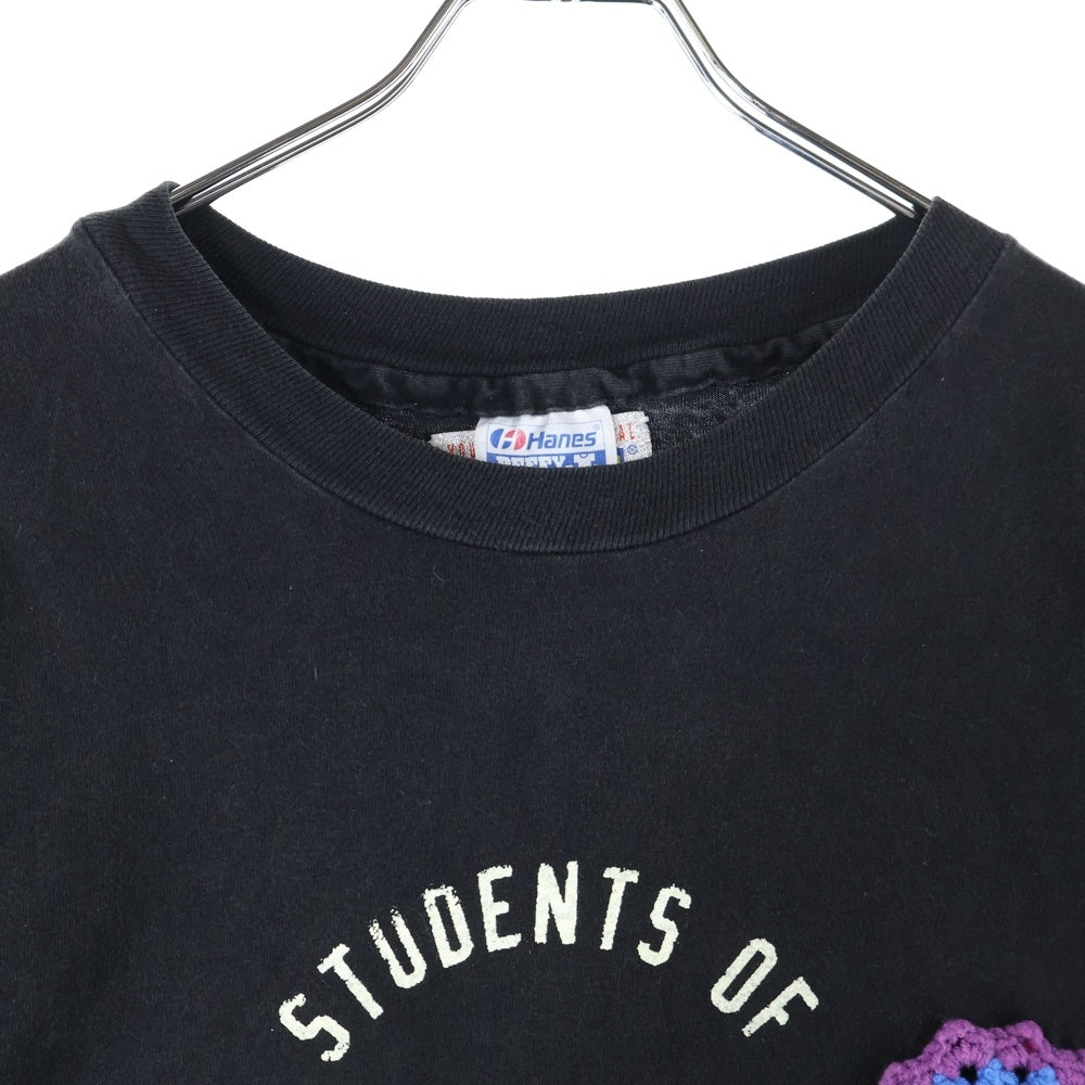 Y.A.R.N(ヤーン) 23AW MADE INUSA 90S VINTAGE TEE WITH FLOWER KNIT MOTIF 胸フラワー刺繍 フロントプリントTシャツ 90Sアメリカ製ボディ 半袖クルーネックカットソー ブラック