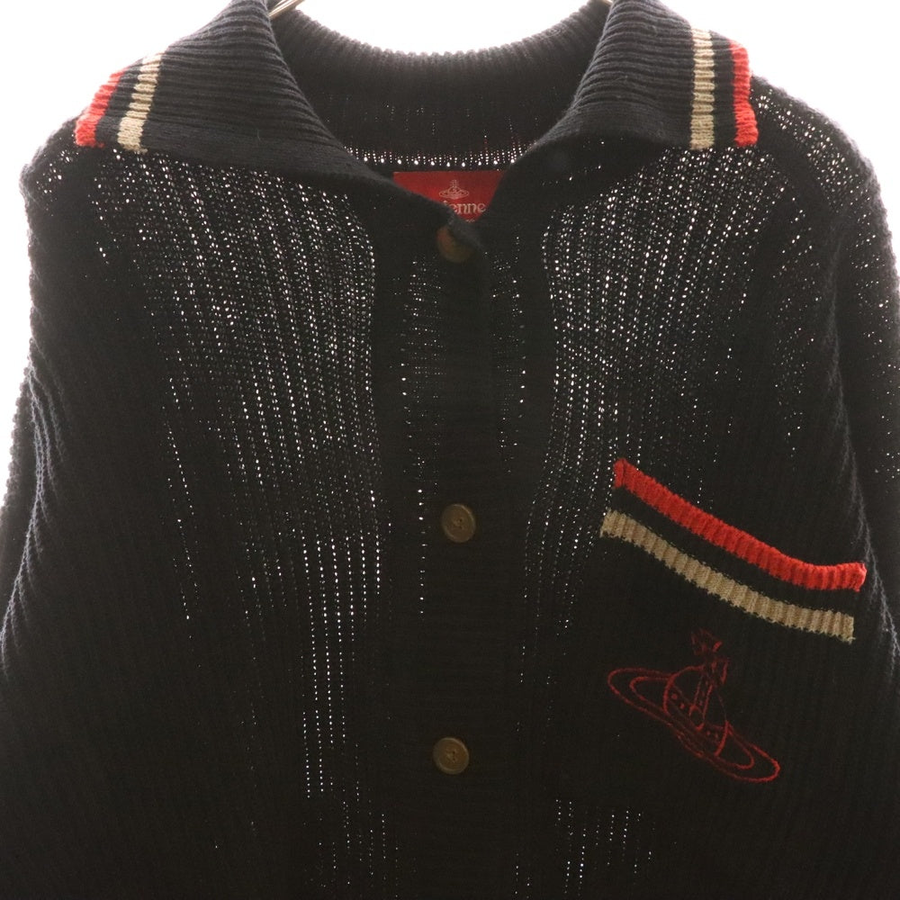 Vivienne Westwood Red Label(ヴィヴィアンウエストウッドレッドレーベル) 胸ロゴ刺繍 襟付 コットンニットカーディガン ブラック/レッド
