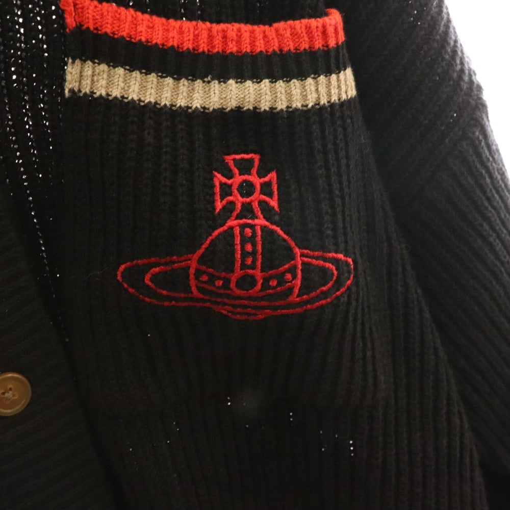Vivienne Westwood Red Label(ヴィヴィアンウエストウッドレッドレーベル) 胸ロゴ刺繍 襟付 コットンニットカーディガン ブラック/レッド
