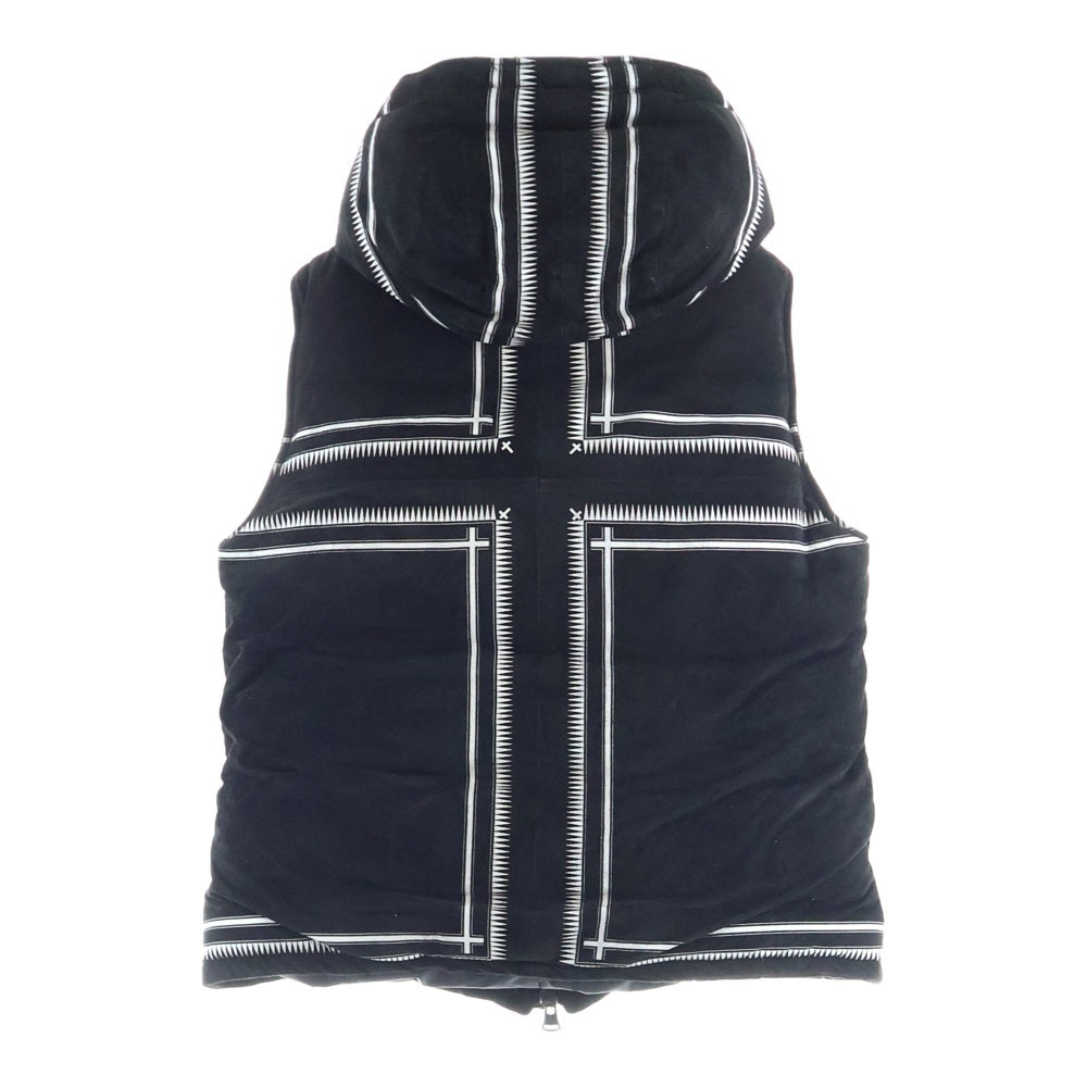 ISAMU KATAYAMA BACKLASH(イサムカタヤマバックラッシュ) 22AW KANGAROO SUEDE CROSS PRINT DOWN VEST カンガルースウェードレザー クロスプリント柄 フーデッドダウンベスト ブラック 1997-01