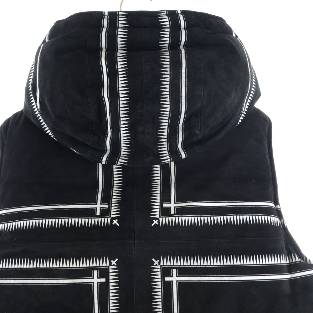 ISAMU KATAYAMA BACKLASH(イサムカタヤマバックラッシュ) 22AW KANGAROO SUEDE CROSS PRINT DOWN VEST カンガルースウェードレザー クロスプリント柄 フーデッドダウンベスト ブラック 1997-01