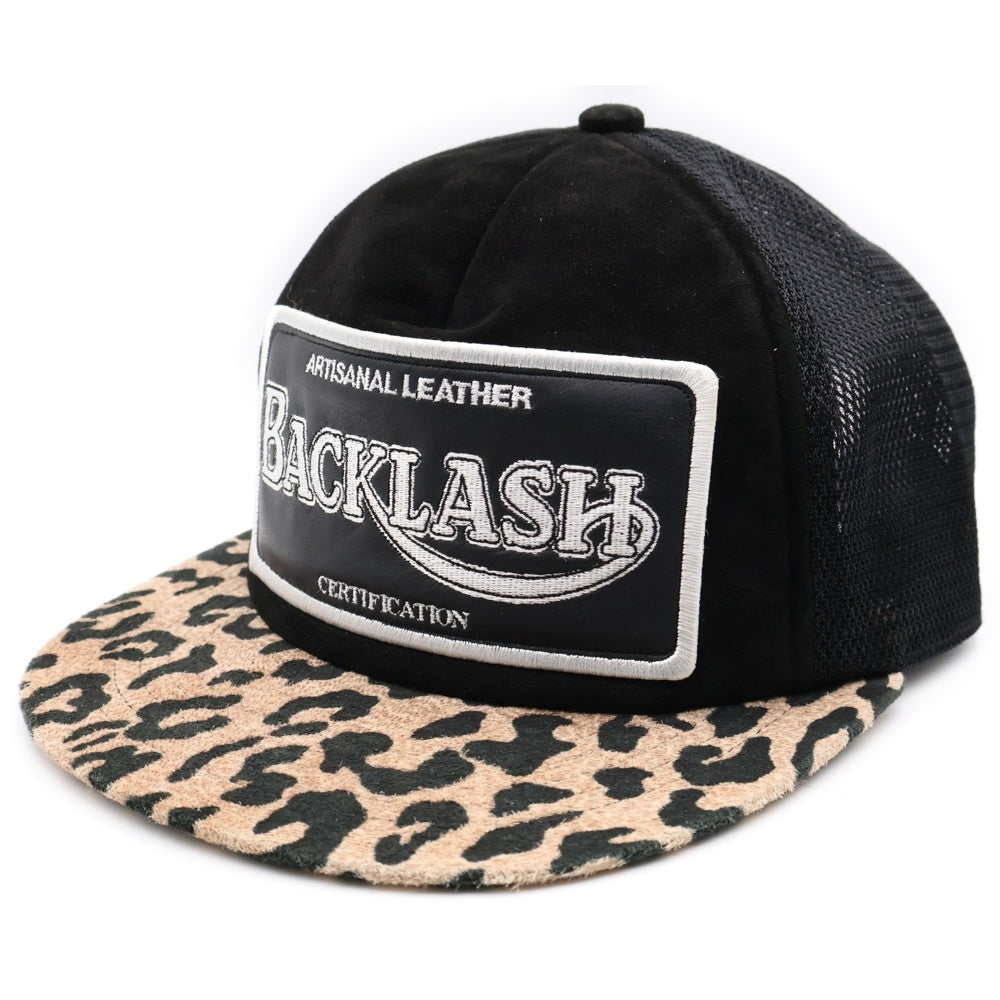 ISAMU KATAYAMA BACKLASH(イサムカタヤマバックラッシュ) 23SS KANGAROO SUEDE CAP レオパード柄 カンガルースウェード メッシュトラッカーキャップ ブラック/ブラウン 869-02