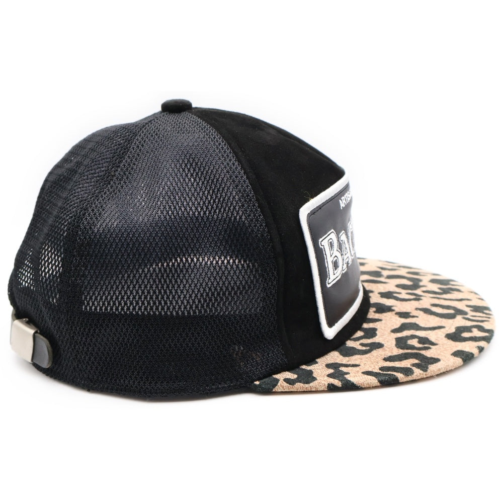 ISAMU KATAYAMA BACKLASH(イサムカタヤマバックラッシュ) 23SS KANGAROO SUEDE CAP レオパード柄 カンガルースウェード メッシュトラッカーキャップ ブラック/ブラウン 869-02