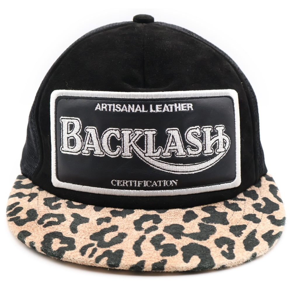 ISAMU KATAYAMA BACKLASH(イサムカタヤマバックラッシュ) 23SS KANGAROO SUEDE CAP レオパード柄 カンガルースウェード メッシュトラッカーキャップ ブラック/ブラウン 869-02