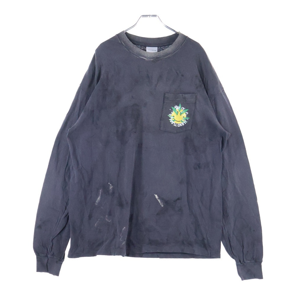 READY MADE(レディメイド) 24AW LS T-SHIRT SNAKE ダメージ加工 スネイクプリント ポケットTシャツ 長袖クルーネックカットソー ブラック RE-CO-BK-00-00-282