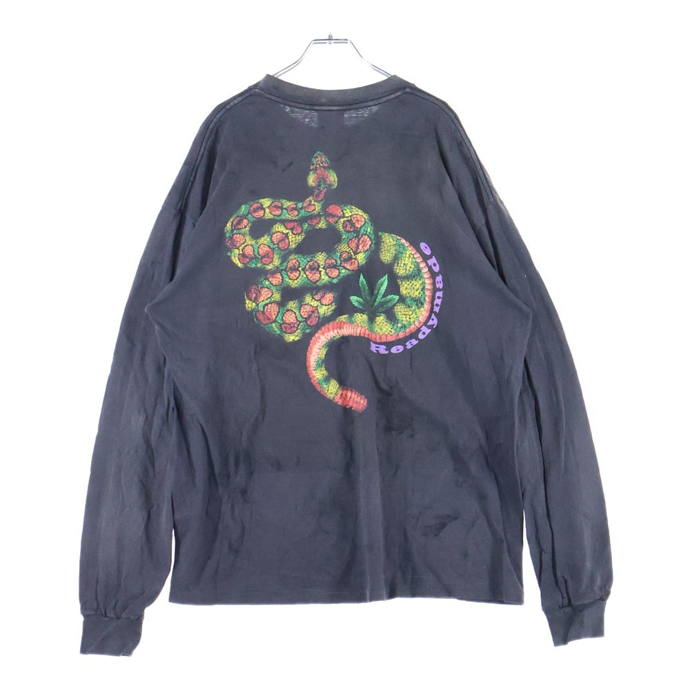 READY MADE(レディメイド) 24AW LS T-SHIRT SNAKE ダメージ加工 スネイクプリント ポケットTシャツ 長袖クルーネックカットソー ブラック RE-CO-BK-00-00-282