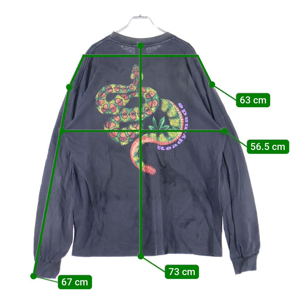 READY MADE(レディメイド) 24AW LS T-SHIRT SNAKE ダメージ加工 スネイクプリント ポケットTシャツ 長袖クルーネックカットソー ブラック RE-CO-BK-00-00-282