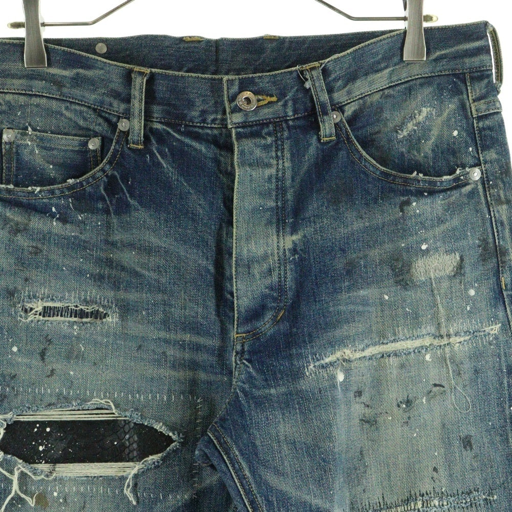 ISAMU KATAYAMA BACKLASH(イサムカタヤマバックラッシュ) 24SS ×KOSUKE MATSUI ストレッチ紺セルヴィッチ ストレートデニムパンツ ダメージ加工 ボタンフライ D-701-KO