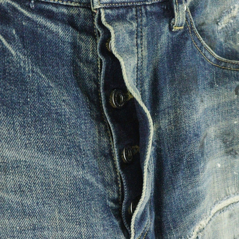 ISAMU KATAYAMA BACKLASH(イサムカタヤマバックラッシュ) 24SS ×KOSUKE MATSUI ストレッチ紺セルヴィッチ ストレートデニムパンツ ダメージ加工 ボタンフライ D-701-KO