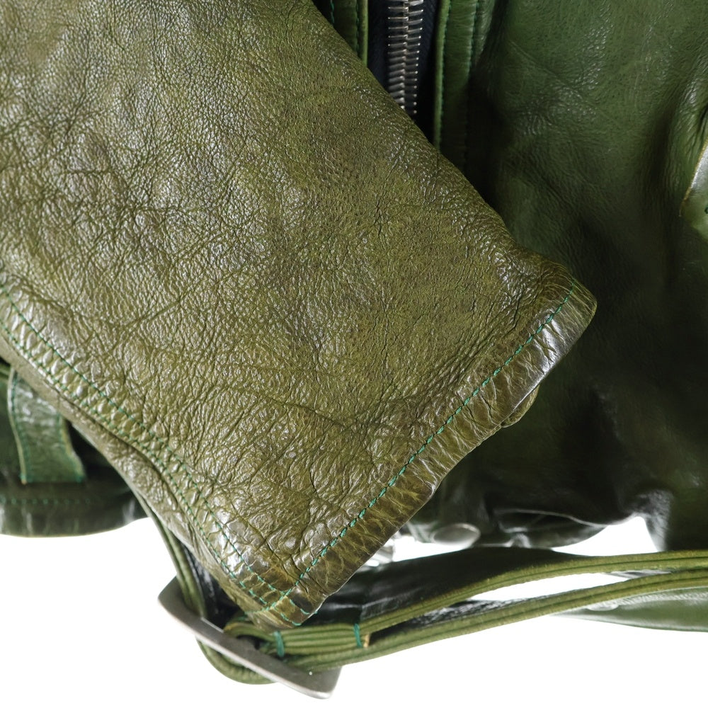 ISAMU KATAYAMA BACKLASH(イサムカタヤマバックラッシュ) 19AW JAPAN CALF FLEET WOOD ジャパンカーフ 製品染 タンニン染 ダブルライダースレザージャケット グリーン 1498-03